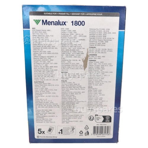 1800 Sacs &Agrave; Poussi&egrave;re Pour Aspirateur : Lot De 5 Electrolux