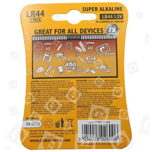 LR44 Pile Bouton Super Alcaline (Paquet De 2) JCB