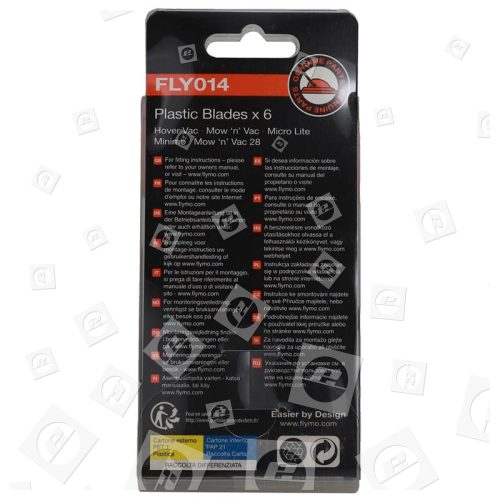 Cuchillas Plásticas De Cortacésped - FLY014 - Pack De 6 - Para Modelos Hovervac 28, Hovervac 2800 (HV2800), Hovervac 30 (2006-), Hovervac Dual Handle, Hover Vac 280 (HV280), Microlite, Minimo (2002-), Mow N Vac 28 Flymo