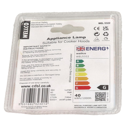 Wellco 40W E14 Cooker Hood Incandescent Bulb - Warm White