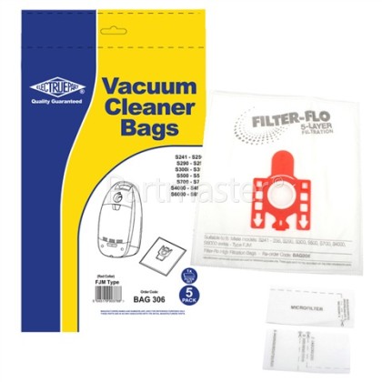 FJM Filter-Flo Synthetic Dust Bags (Pack Of 5 With 2 Cut To Size Filters) - BAG306