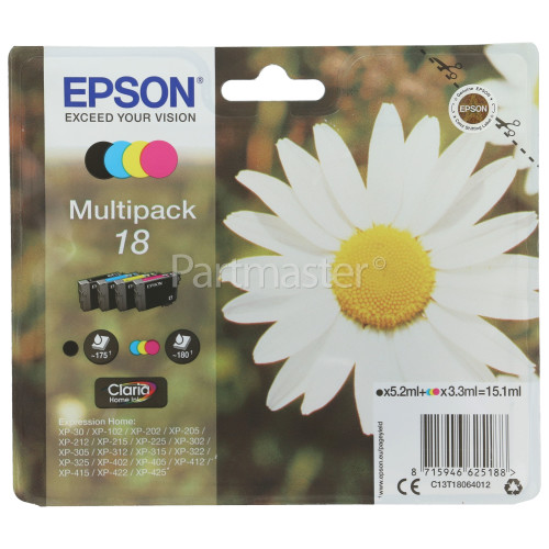 Epson Genuine T1806 - 4 Colour Ink Cartridge Multipack - Black/Cyan/Magenta/Yellow