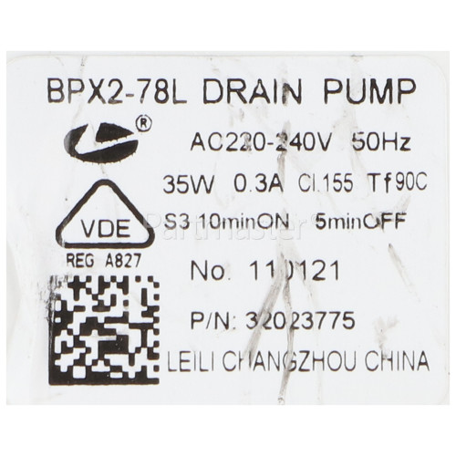 Drain Pump Assembly : Leili Changzhou BPX2-78L 35w 50 Hz.