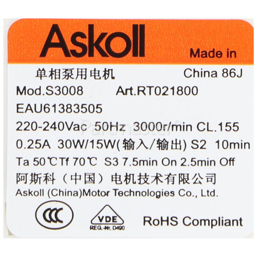 LG Drain Pump (SCREW ON Front 2tag Fit ) : Askoll Mod. S3008