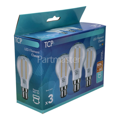 TCP 6.5W BC/B22 LED Filament Non-Dimmable GLS Lamp (Warm White) - Pack Of 3 60W Equivalent