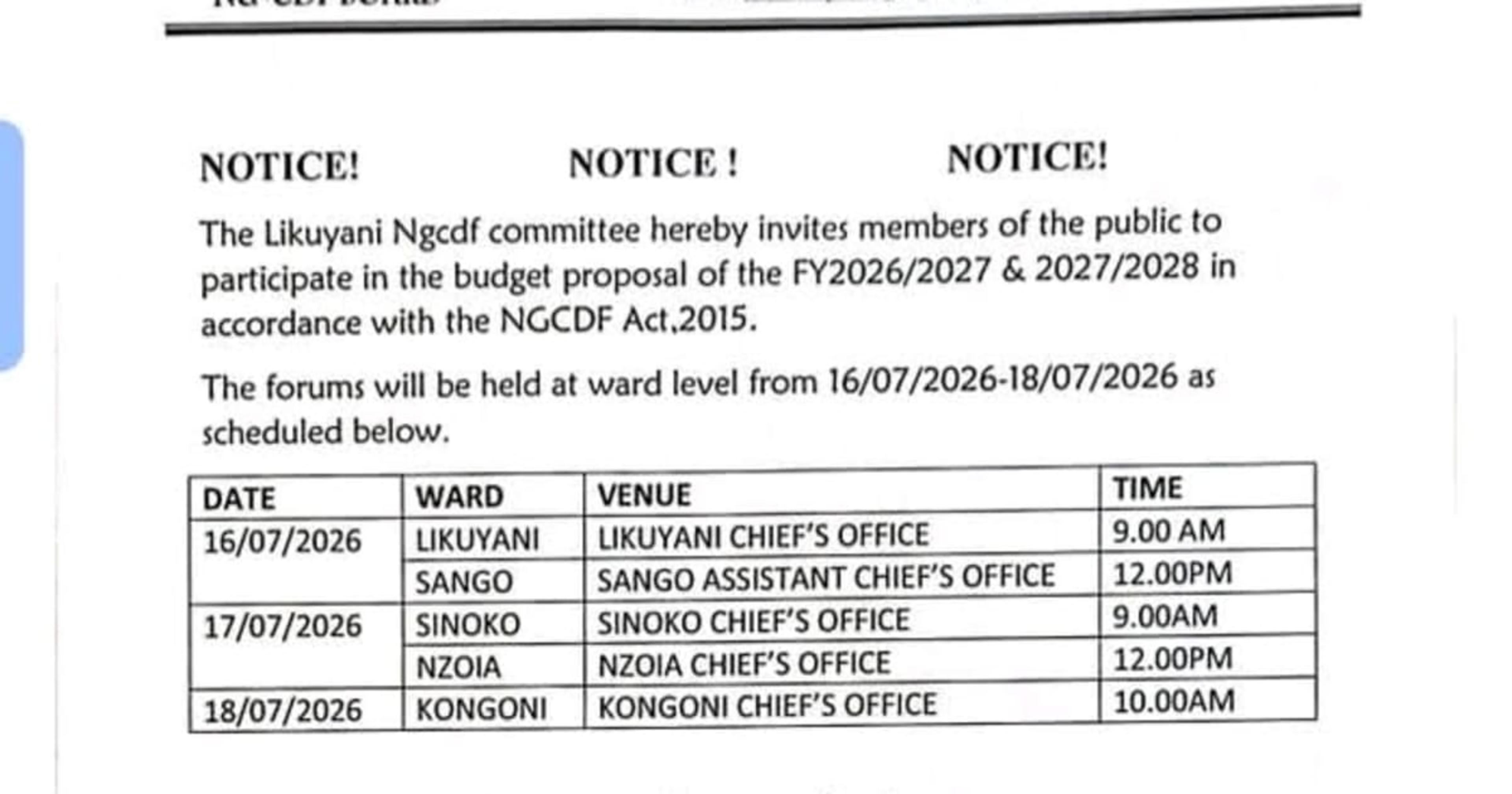 Public Invited to Likuyani NG-CDF Budget Forums Starting Today – 16th to 18th July 2026