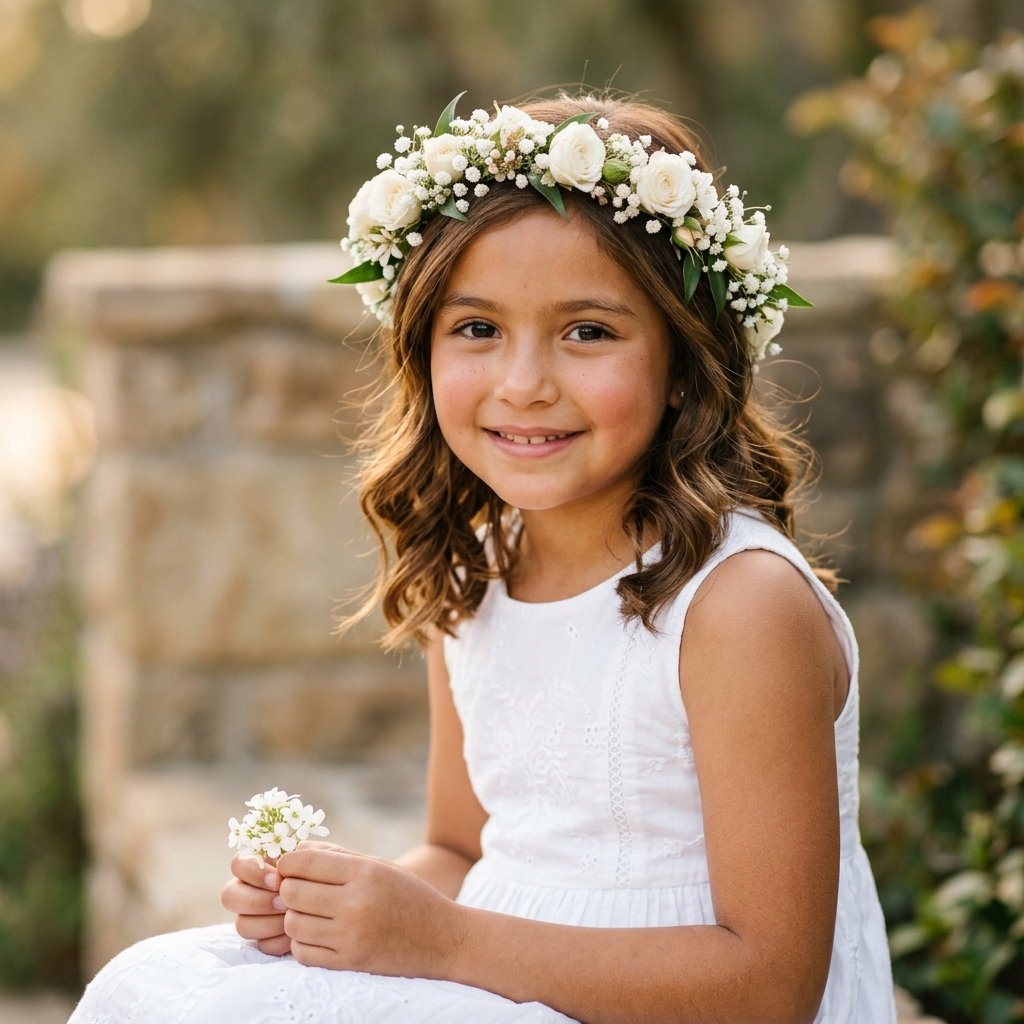 Niña con corona floral blanca en ceremonia