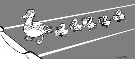 An homage to Make Way for Ducklings in black and white. It shows a mother duck in a  crosswalk with several ducklings following behind here. each of the ducklings it holding a book.