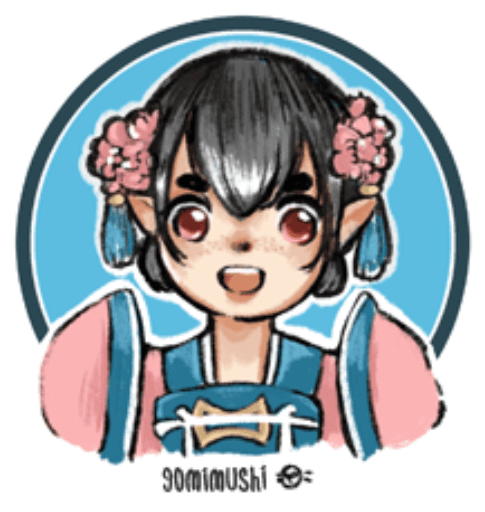 Anime-styled girl smiling with the name "gomimushi" underneath