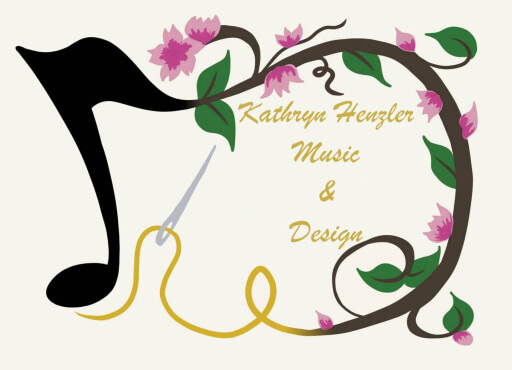 A logo with a cream colored background. The words "Kathryn Henzler Music & Design" in gold script font. Encircling the words is a large black eighth note that morphs into a vine with pink flowers and green leaves, then into a gold thread and silver needle.