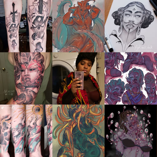 9 photo collage: center: picture of artist. Left side 3: various tattoos. Right top: ready made art/tattoo design. Right side bottom 2: illustrative commissions. Center top/bottom: 1 hr sketch commissions.