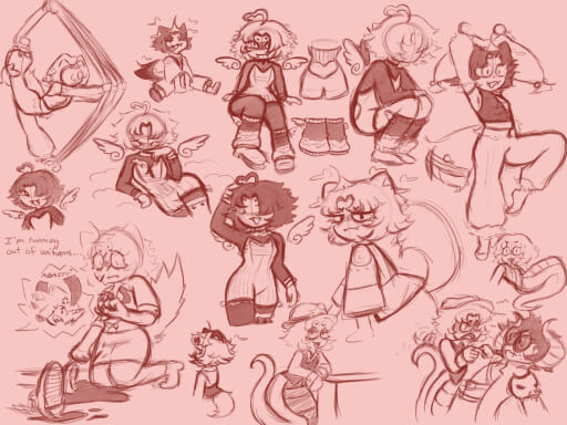 Various drawing fill out an entire drawing canvas, some serious in nature, others very cartoony and goofy.