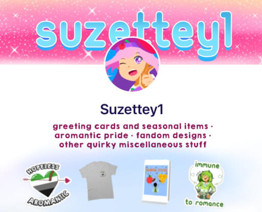 Profile picture and header of my store with a brief description and small examples of some items on which my designs are printed