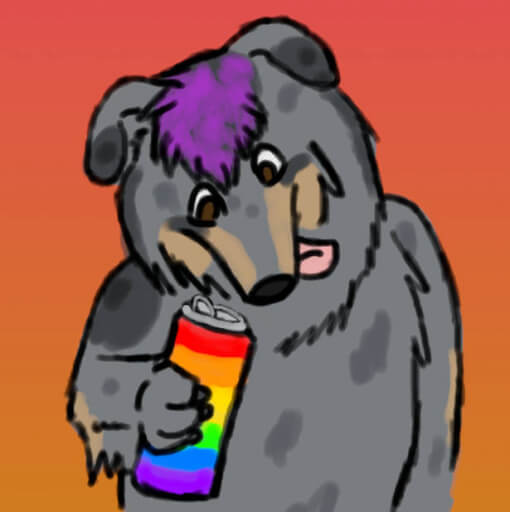 digital art of a blue merle rough collie furry holding a can with the rainbow flag colors