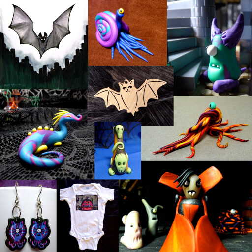 photo collage of handmade polymer clay monster figurines, original artwork, monster onesies, and monster accessories featuring art by Dylan Edwards