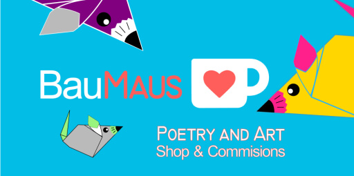 Mice in colors of the agender, pansexual, and asexual flags over a blue background. Text: Baumaus Poetry and Art Shop and Commissions