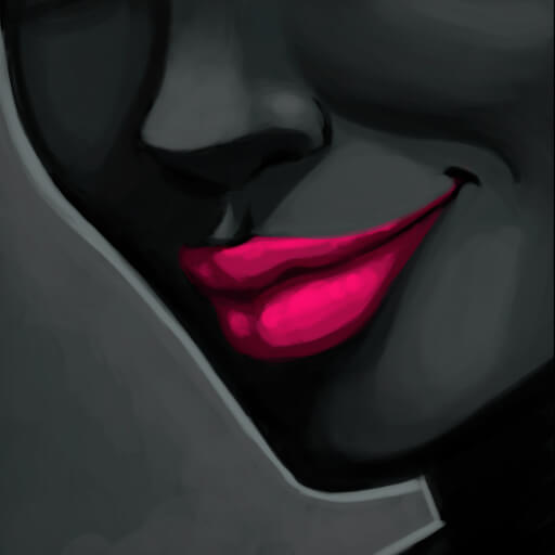 A hand-drawn illustration of a person's face in gray shadows. Their lips are highlighted in hot pink as they smirk at the viewer.