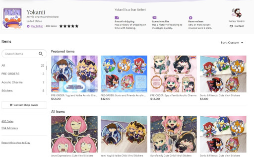 An Etsy store for "Yokani", selling fanart and original Keychains and Stickers