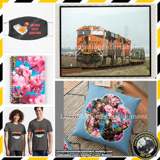 A collage image depicting a variety of printed products including a Nugs not Drugs face mask, Bumble Bee on Plum Blossom photo print notebook, Trains and Trainers Pokemon inpsired trainspotter t-shirt design, framed photographic print of a BNSF military train, and a floor pillow featuring a hummingbird in a Plum Blossom tree.