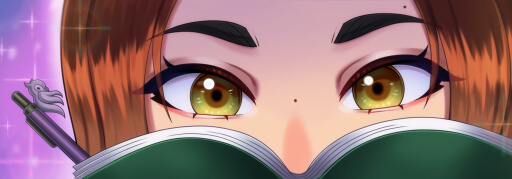 A banner of my persona (or PriSona, as I like to call it) holding a green notebook and a purple pen with an owl on top. Only the (hazel) eyes and part of the (brown) hair from the persona are visible.