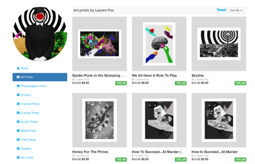 An Inprnt webpage with examples of my digital collages