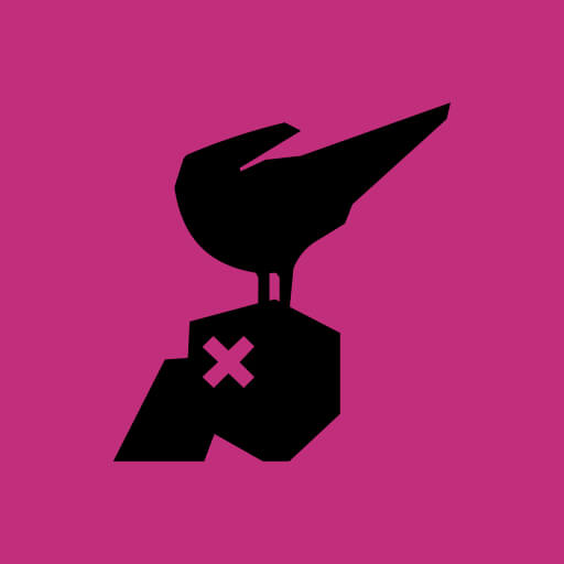 An abstract representation of a raven sitting on a skull