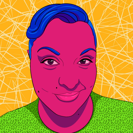 Brightly-colored self illustration of the artist - AKA Wally