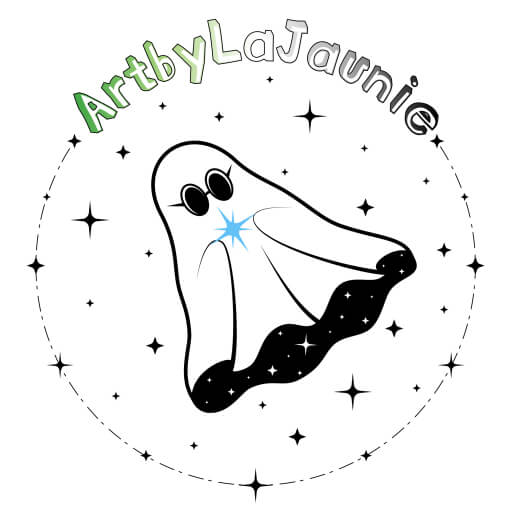 A ghost with glasses holding a star, floating in space, with “ArtbyLaJaunie” in curved letters over the top.