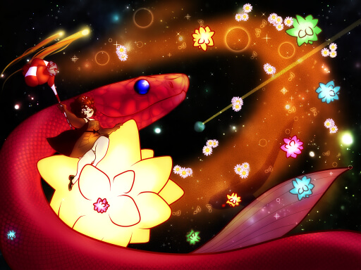A giant, red snake with fins winds through the cosmos. Its blue eyes have star-shaped pupils that look into the distance. Right below its head is a big, glowing, golden star candy on which a chubby in a brown lolita dress and with brown, curly hair and pale skin raises a sugar cane wand up. Daisy blossoms, star candies and music notes swirl around them. In the background, two meteors, the faraeay earth, and the outline of a fish are visible. The snake and the girl both smile brightly.