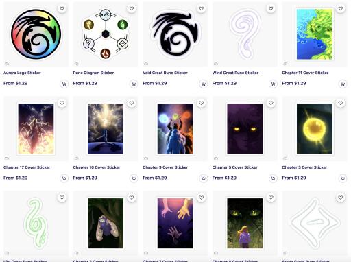 An image of the storefront showing chapter cover prints and some rune designs.