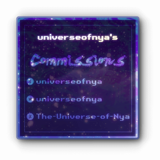 Image of a graphic with website logos that all display where the commission artist can be found at which is universeofnya.