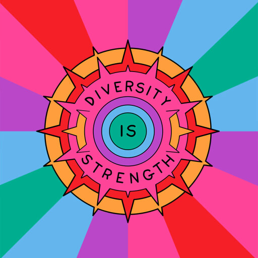 A colourful digital illustration featuring a stylised sun shape in rings of colour (yellow, red, pink, purple, blue and green, from outside edge to inner circle). The pink layer and green inner circle feature the words 'diversity is strength', and rays in the same colours radiate from the sun shape to the edges of the image. 