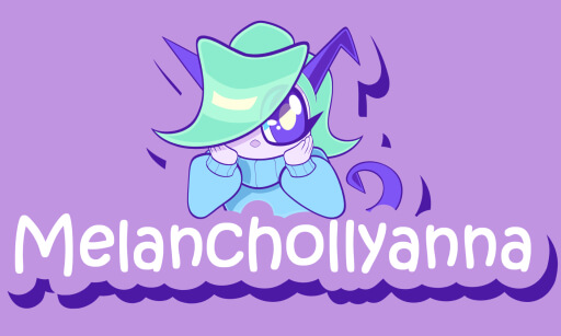 A cartoon humanoid rests their elbows on text that reads “Melanchollyanna.” The character has pointy purple horns and a mint green side bang that covers one of their eyes.