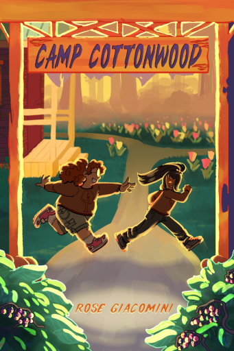 The book cover for Camp Cottonwood, featuring two young girls playing below the entrance to a dilapidated campground, surrounded by flowers