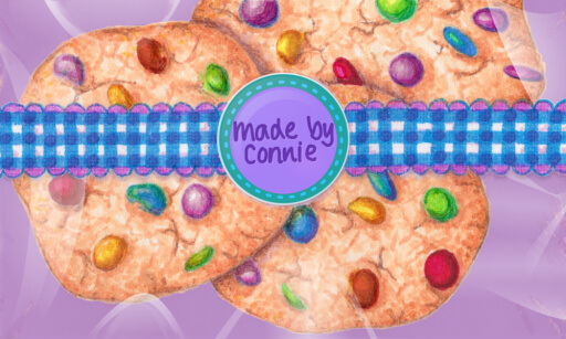 Marker drawing of 3 rainbow cookies in a cellophane bag wrapped with blue gingham ribbon. Purple sticker on the front middle reads "made by Connie".