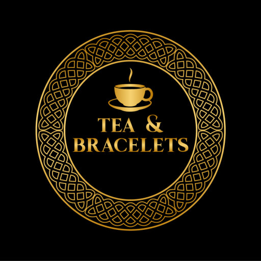 logo in gold on a black field, showing a teacup and saucer over the words "TEA & BRACELETS," all encircled by stylized celtic knots.
