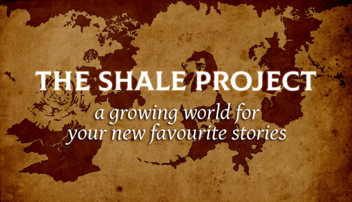 A fantasy world atlas in warm brown hues: approximately 4-5 continental landmasses are shown in rich dark brown while the seas and oceans dividing them are coloured a lighter amber. Overlaid and centered on the map is a title and subtitle in white: "THE SHALE PROJECT: a growing world for your new favourite stories."