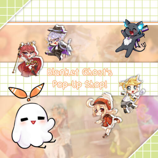 A square image featuring a stylized ghost at the bottom left pointing at the words 'Blanket Ghost's Pop-Up Shop!' at the center. in the top left there's the characters Riddle Rosehearts and Azul Ashengrotto. At the top right is the character Grim with a bow and flag in the colors of the asexual flag. At the bottom right are the characters Klee and Len Kagamine. The background is composed by multiple blurred illustrations and a white background with a pastel lime squared pattern.