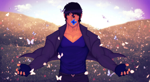 Digital painting of an original character in a field, his arms held out in front of him to insinuate a sense of divinity, with butterflies and flower petals floating around him.