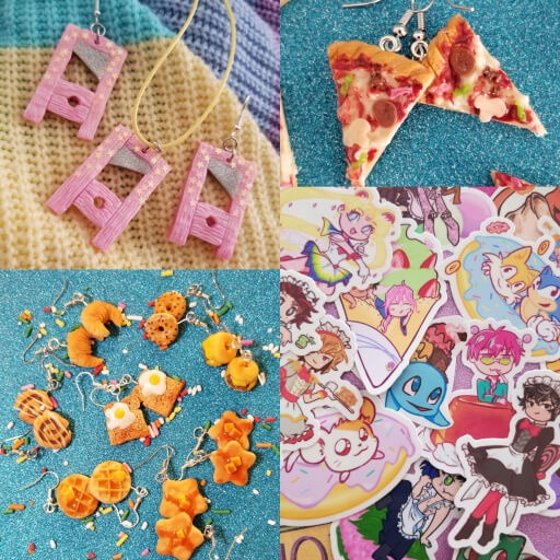 An assortment of polymer clay jewelry and vinyl stickers from Sugared Sunset