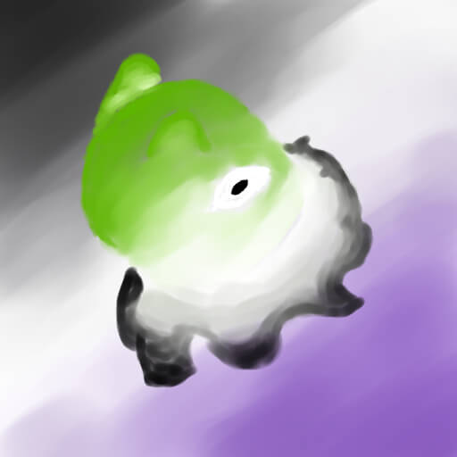 Small squid in aromantic pride colours over an ace pride themed background