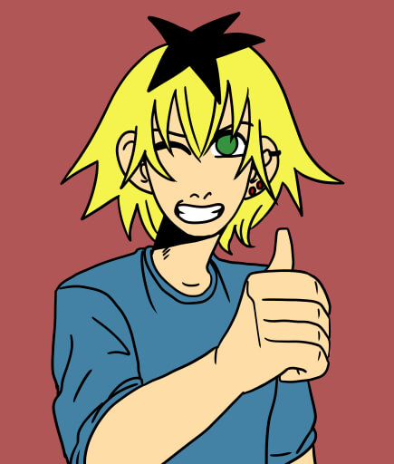 A drawing of a blond, short haired, character with black roots winking and giving a thumbs up