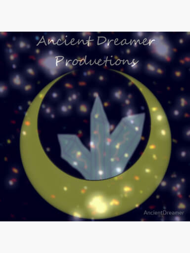 An upright yellow crescent moon with three crystals on a dark purple background and sparkles over laid. At the top Ancient Dreamer Productions is written in white cursive font.