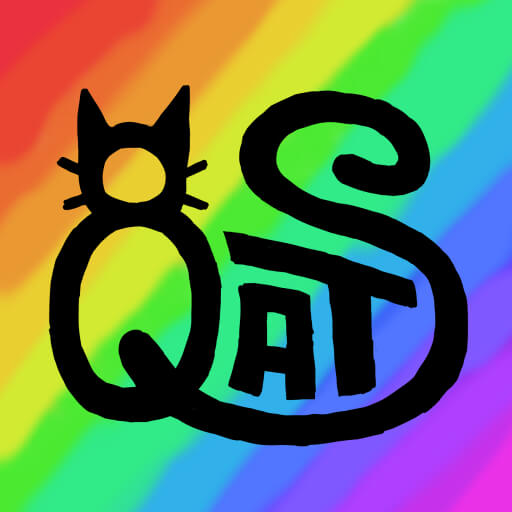 The letters Q, A, T, and S in black over a background of rainbow diagonal stripes. The Q and S are formed by a sitting cat shape with a long curly tail.