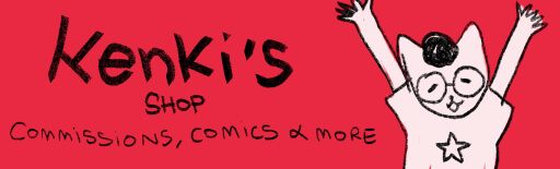 Image with a red background, annoncing "KENKI's shop, comissions, comics and more" with a little kenki cheering on the right!