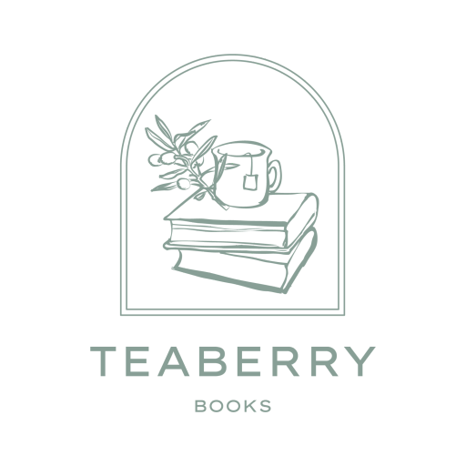 Teaberry Books logo which is a boho graphic with a handdrawn pile of books with cup of tea and teaberry branch on top