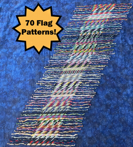 Photo of 70 friendship bracelets with colors based off different pride flags. Text says: "70 Flag Patterns!"