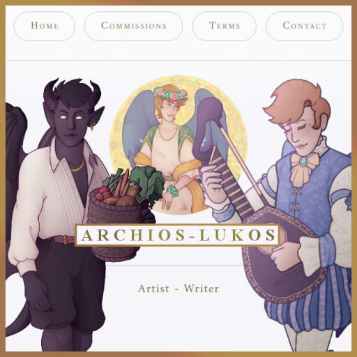a screenshot of artist ArchiosLukos' commission caard. It describes them as an artist and writer. Three TTRPG characters are visible, a tiefling and an aasimar.