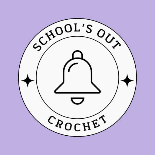Logo for School's Out Crochet featuring a school bell in the centre of a circle, with a mauve coloured background.