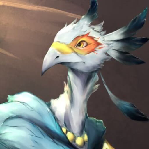 Portrait of an athromophic secretary bird looking over his shoulder, and wearing a blue robe.